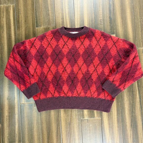 Zara Size S Red Knit Long Sleeve Sweater Chevron Argyle, Ribbed Hem & Cuffs - Picture 1 of 16